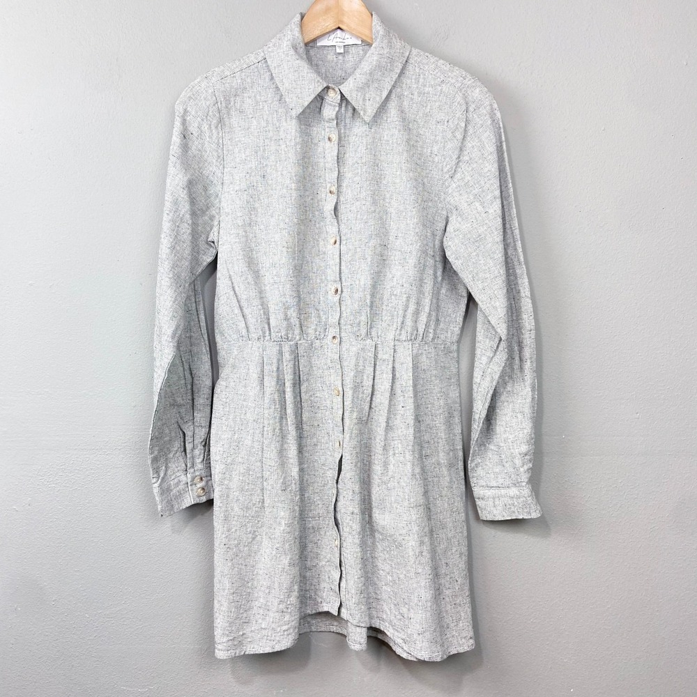 L'Academie Mini Shirtdress Womens Size S Grey Linen Cotton Long Sleeve Button Up